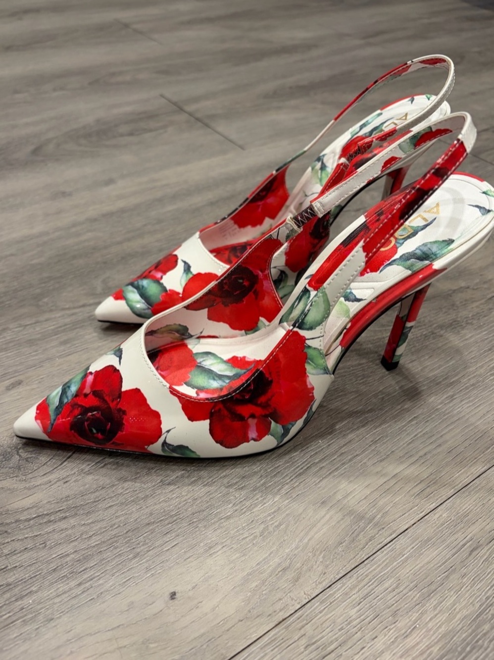 Aldo Floral Pointed-Toe Heels in White & Red US 7